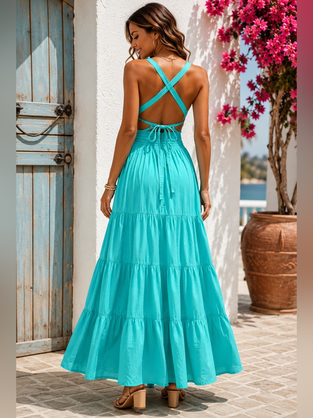 LUSANA Aqua Cotton Maxi Dress US 8 Open Back Smocked Tiered Resort Coastal